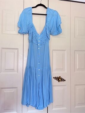 ELF Sky Blue Button-Front Puff Sleeve Midi Dress